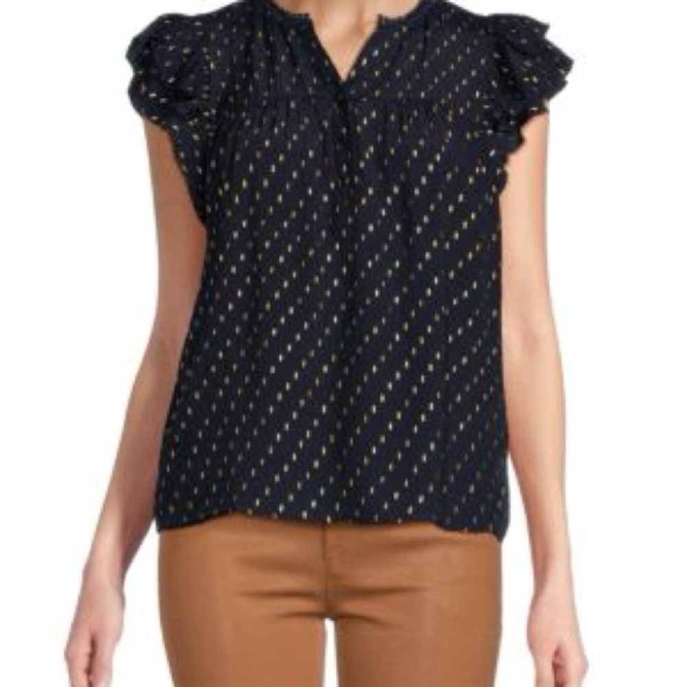 Nanette Lepore Navy Blue and Gold Ruffled Split Neck Collar Blouse Size Small